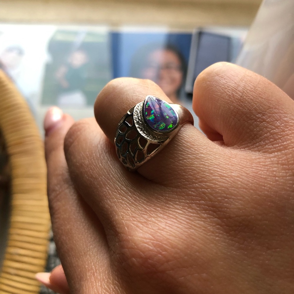 Purple and Green Mexican Opal peacock ring